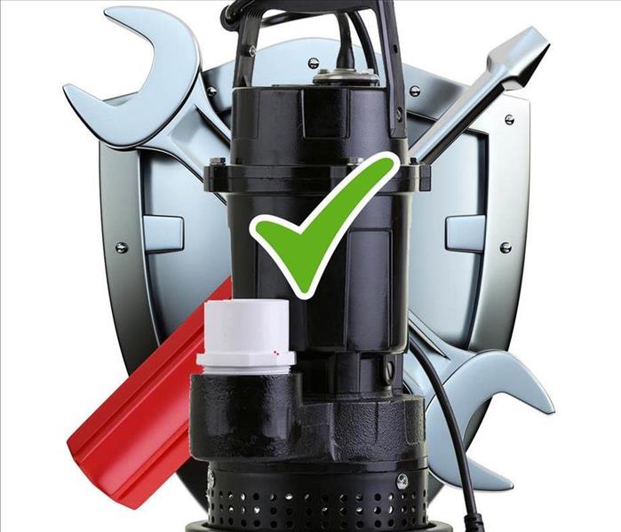 Sump pump with a green check mark in front of a shield.