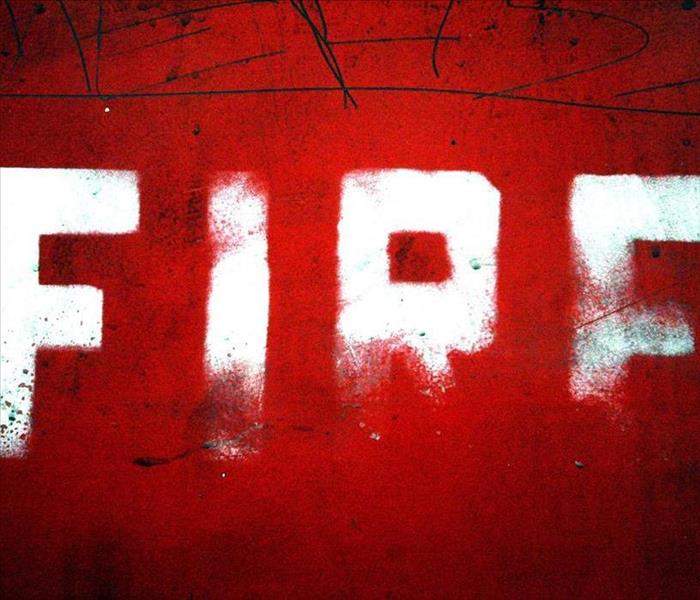 F I R E in white letters on a red background