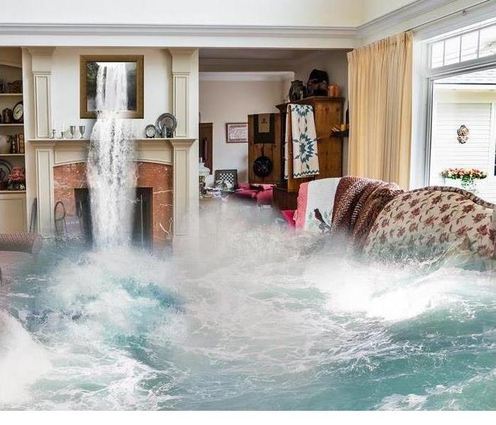A living room is flooded with water